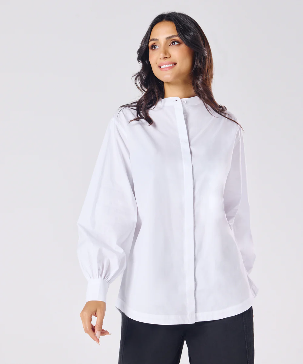 Mandarin Collar Cotton Oversized Shirt- Pure White - Image 4