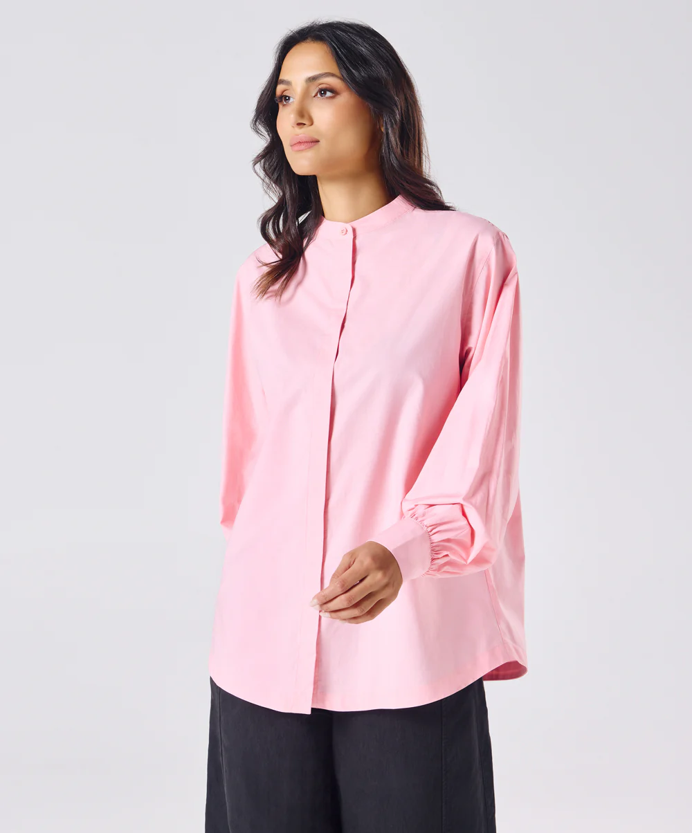 Mandarin  Collar Cotton Oversized Shirt- Rose Pink - Image 2
