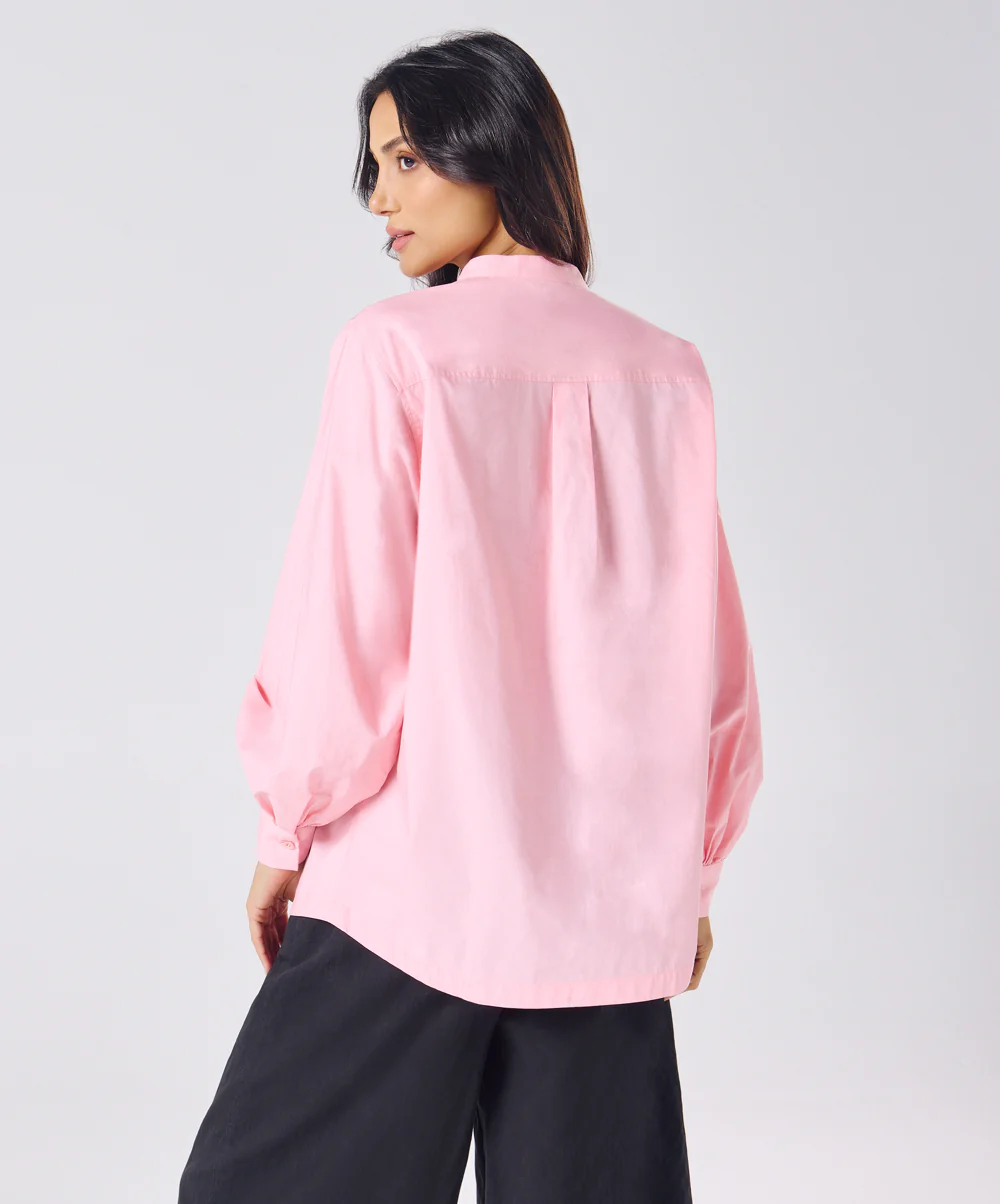 Mandarin  Collar Cotton Oversized Shirt- Rose Pink - Image 3