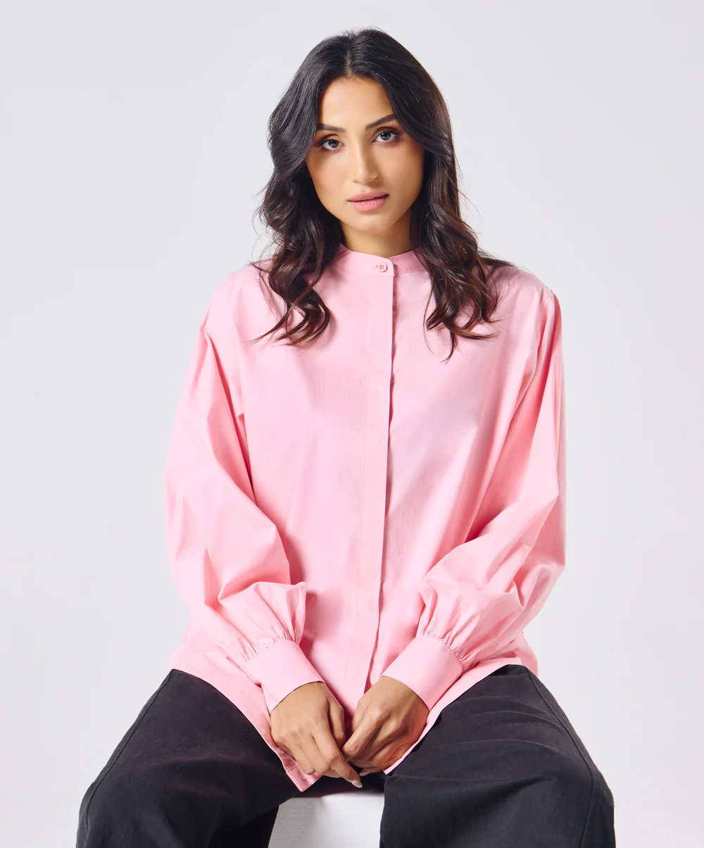 Mandarin  Collar Cotton Oversized Shirt- Rose Pink - Image 4