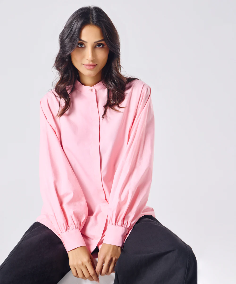 Mandarin  Collar Cotton Oversized Shirt- Rose Pink - Image 5