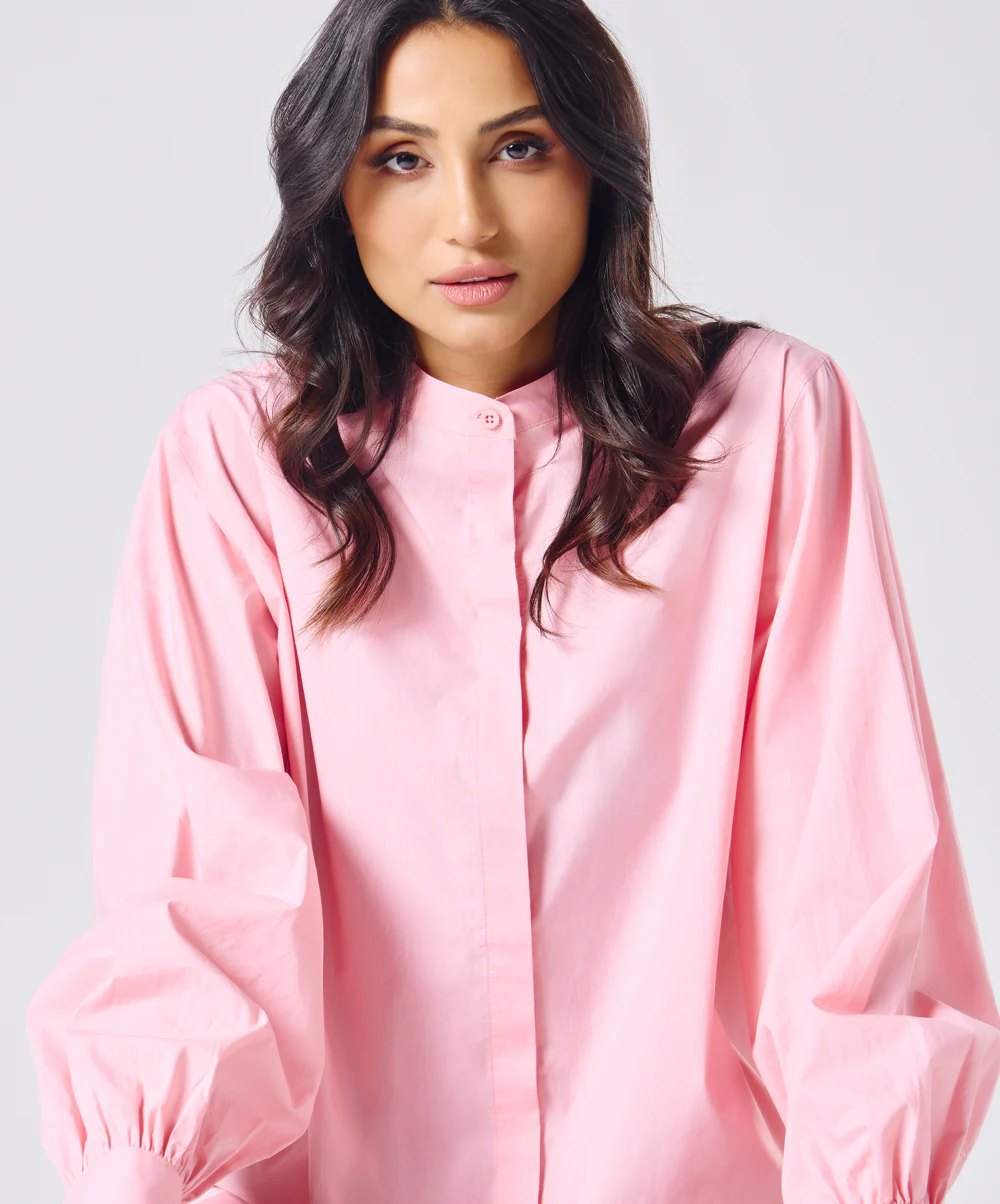 Mandarin  Collar Cotton Oversized Shirt- Rose Pink - Image 7