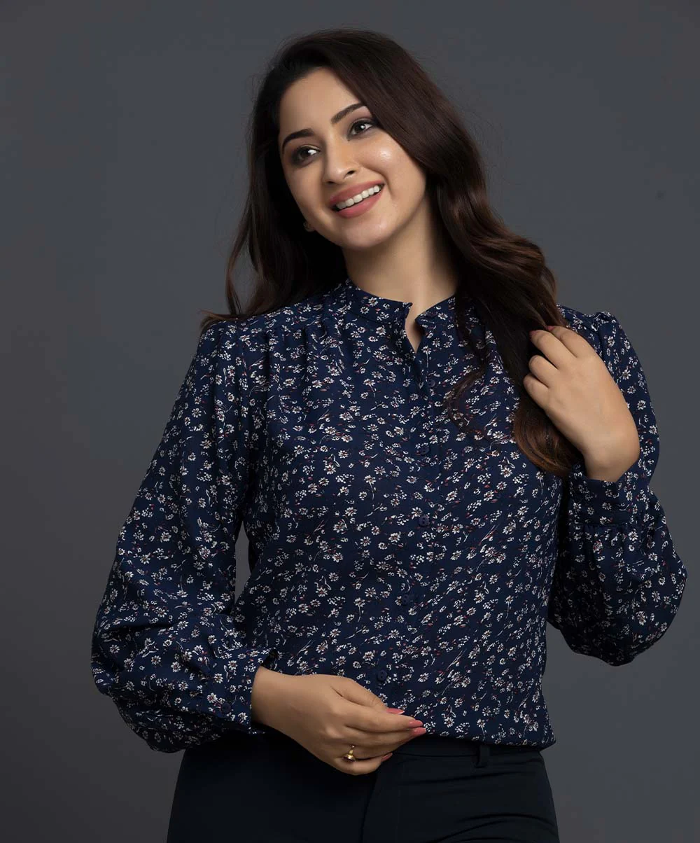 Mandarin Collar Long Sleeve Printed Shirt