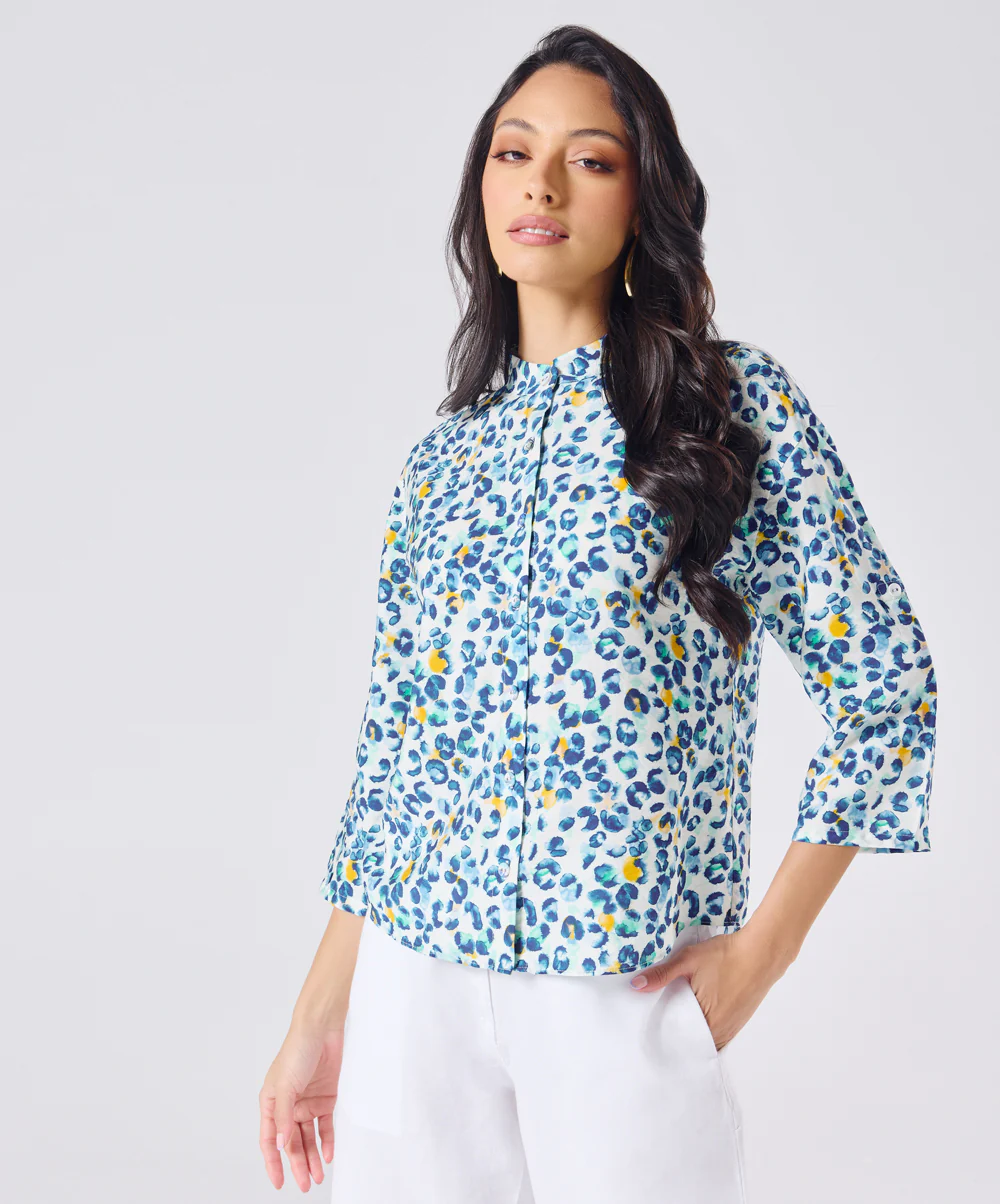 Mandarine Collar Blue Printed Roll Up Sleeve Top - Image 2