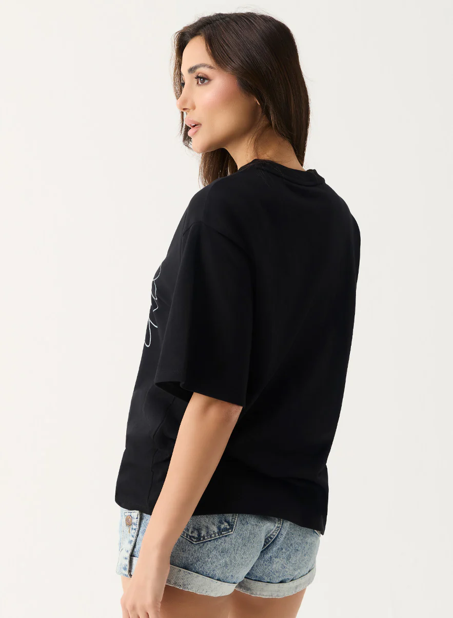 Metallic Flower Printed Black T-shirt - Image 2