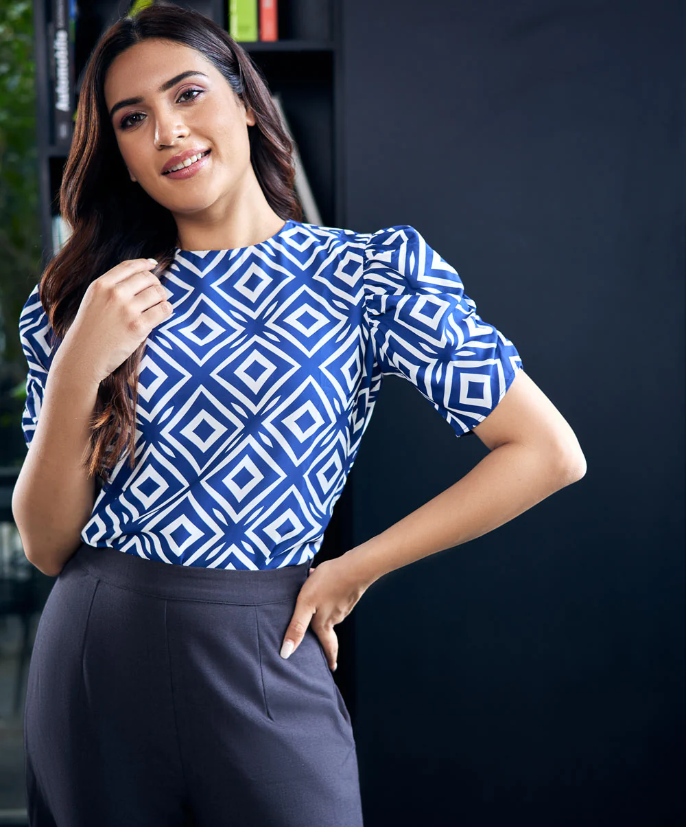 Mid Gathered Sleeve Chiffon Printed Top - Image 2