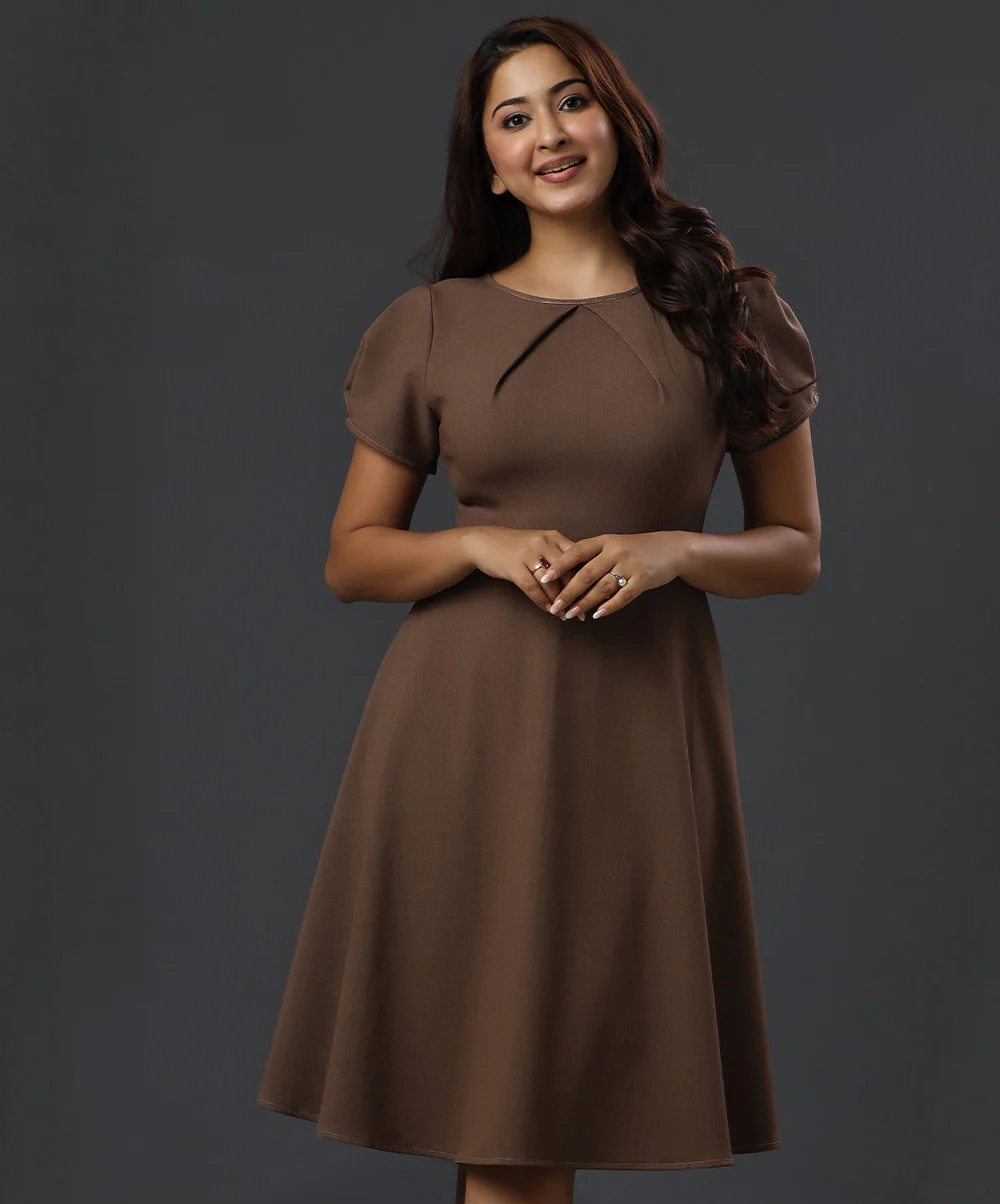 Mid Neck Pleated Skater Formal Dress
