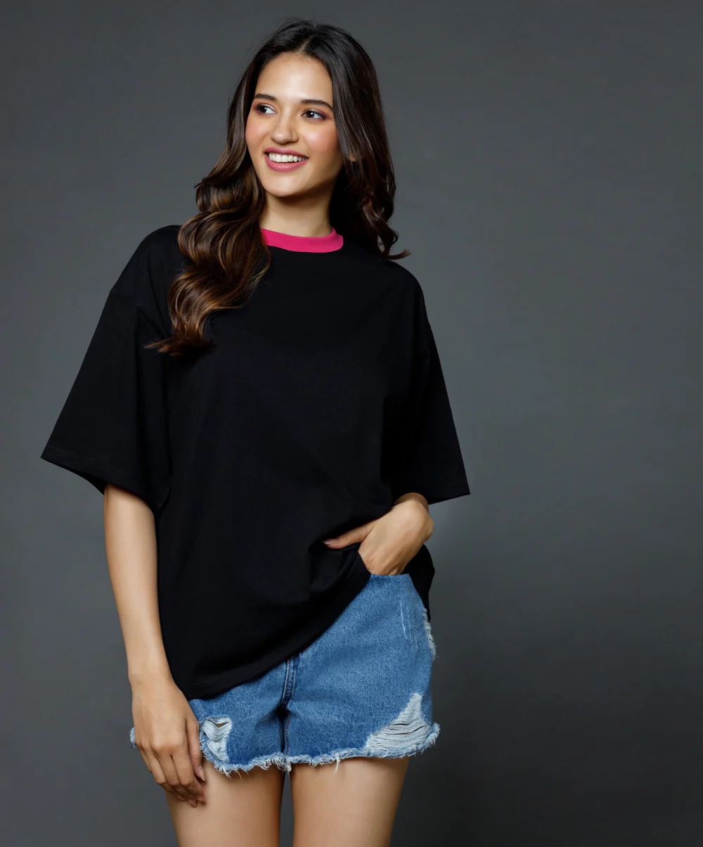 Mid Oversized Contrast Rib Black Tshirt - Image 2