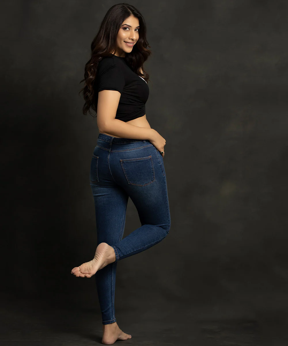 Mid Waist Shredded Dark Blue Jean - Image 3