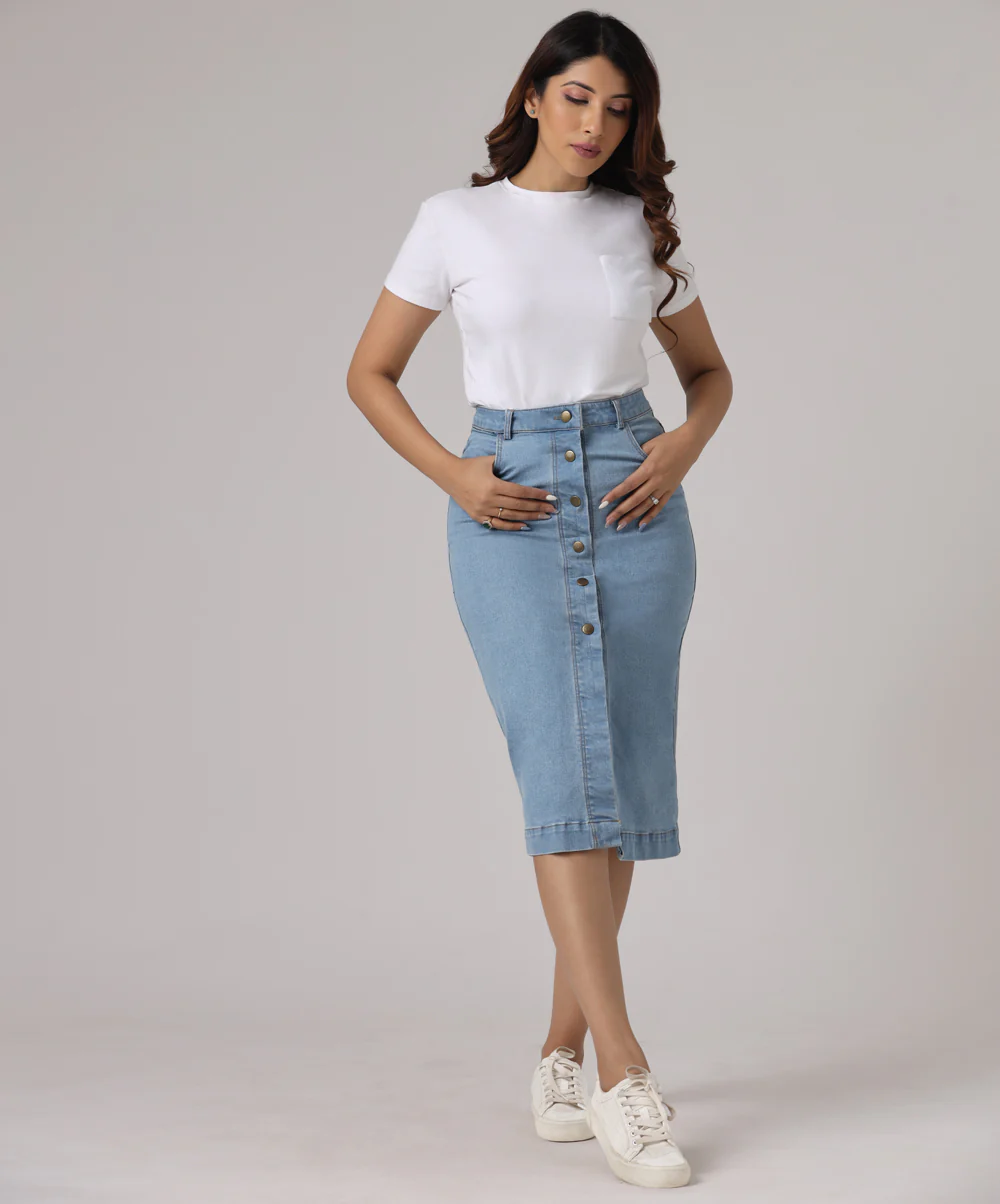 Midi Length Front Buttoned Denim Skirt - Image 2