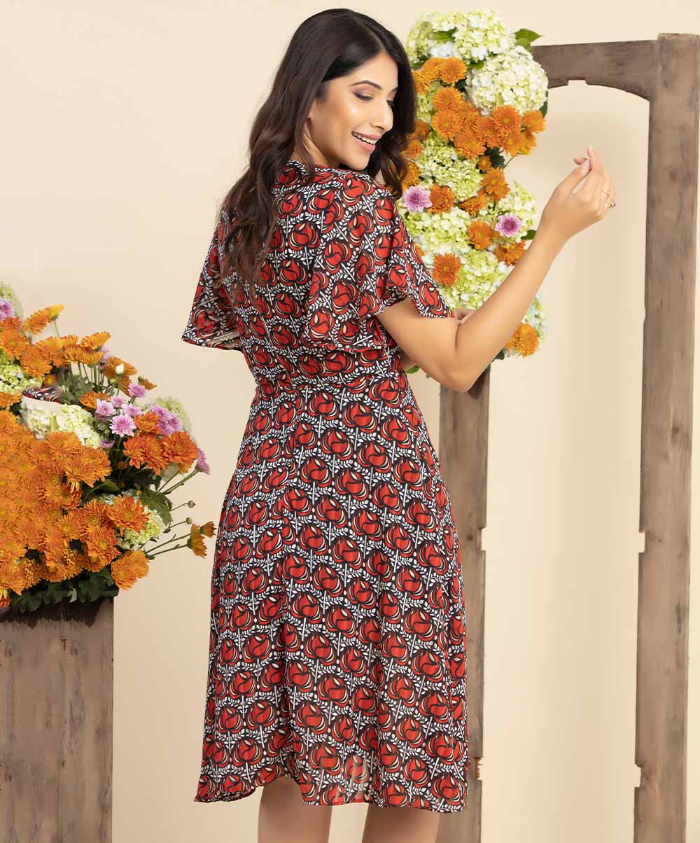 Million Button Flared V-Neck Printed Dress - Image 2