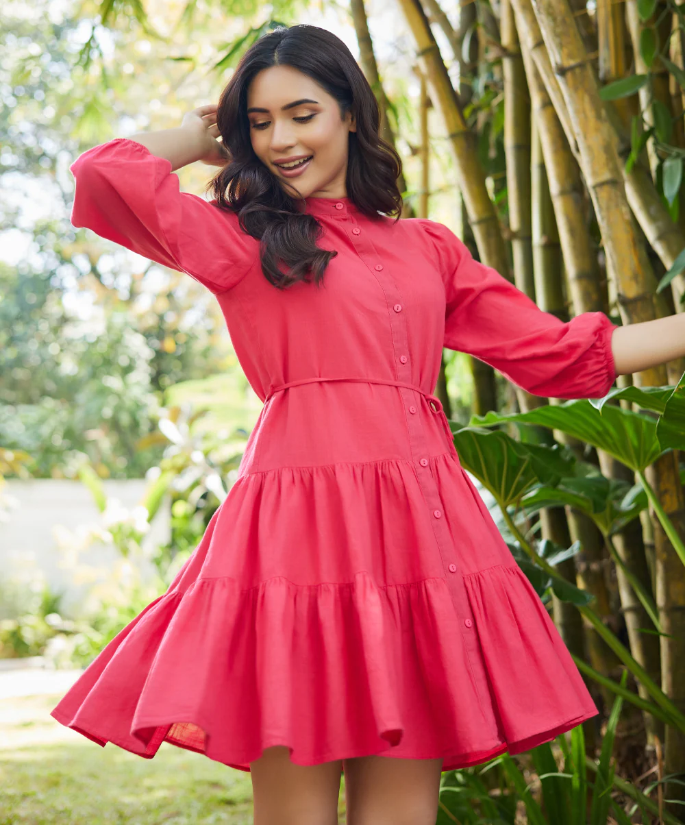 Mini Puffed Sleeve Red Cotton Dress - Image 4