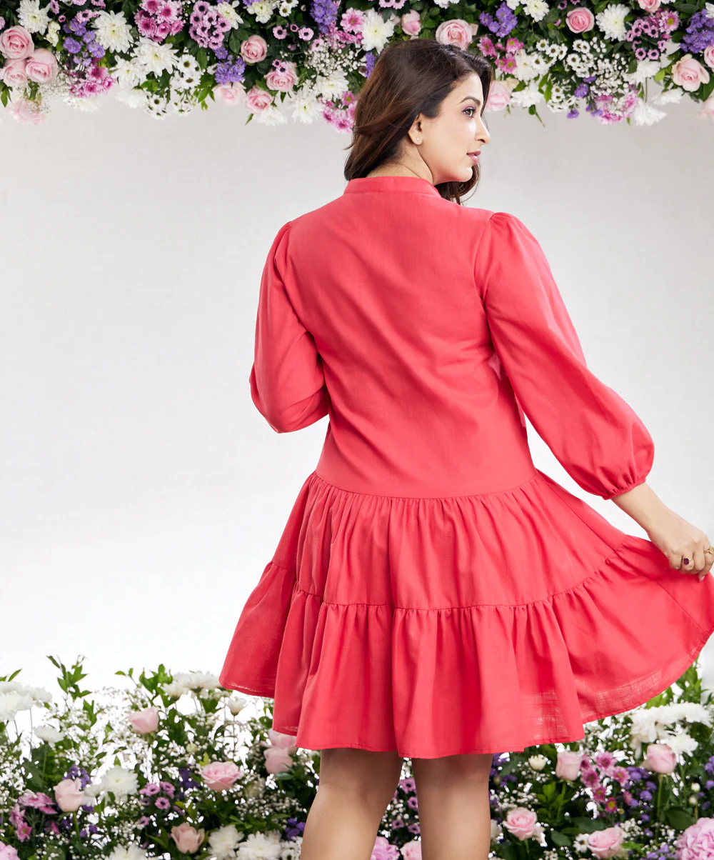 Mini Puffed Sleeve Red Cotton Dress - Image 8