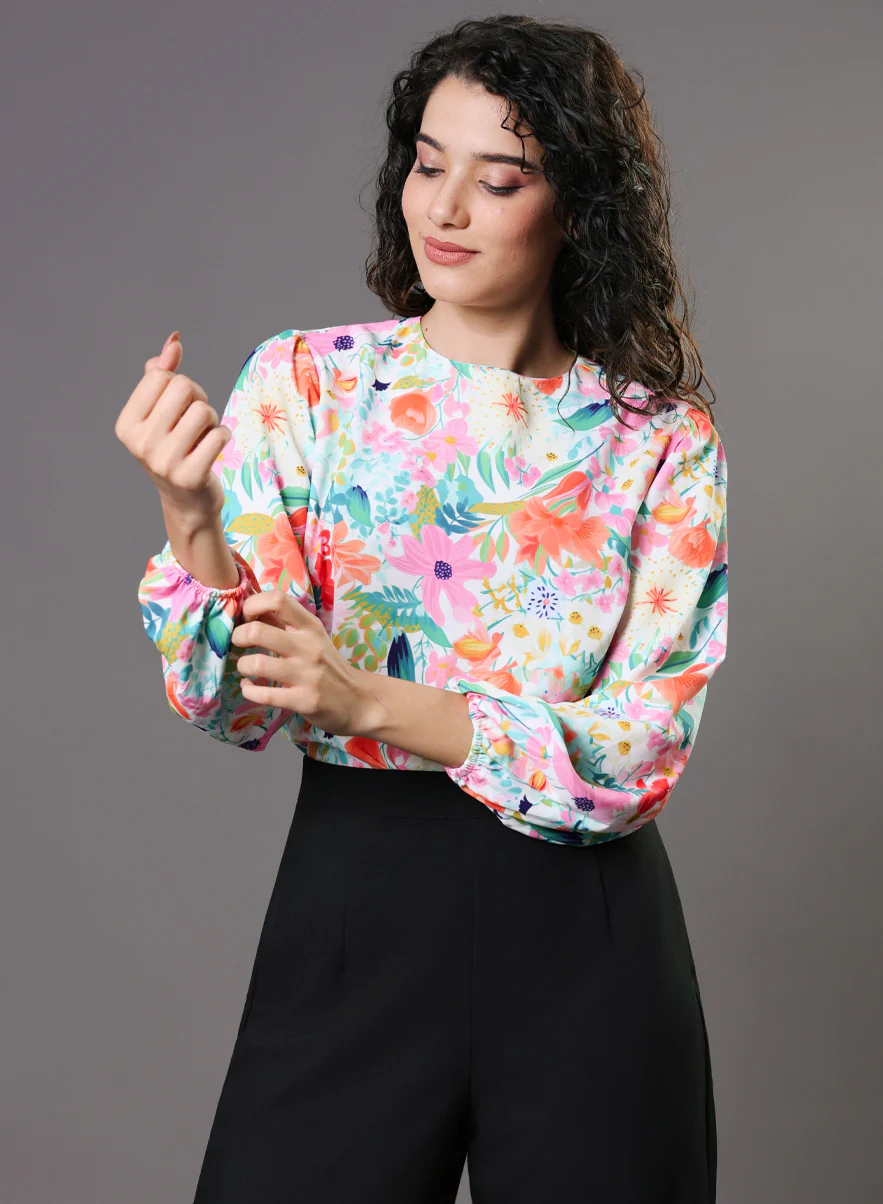 Multi Color Floral Elastic Sleeve Top - Image 4