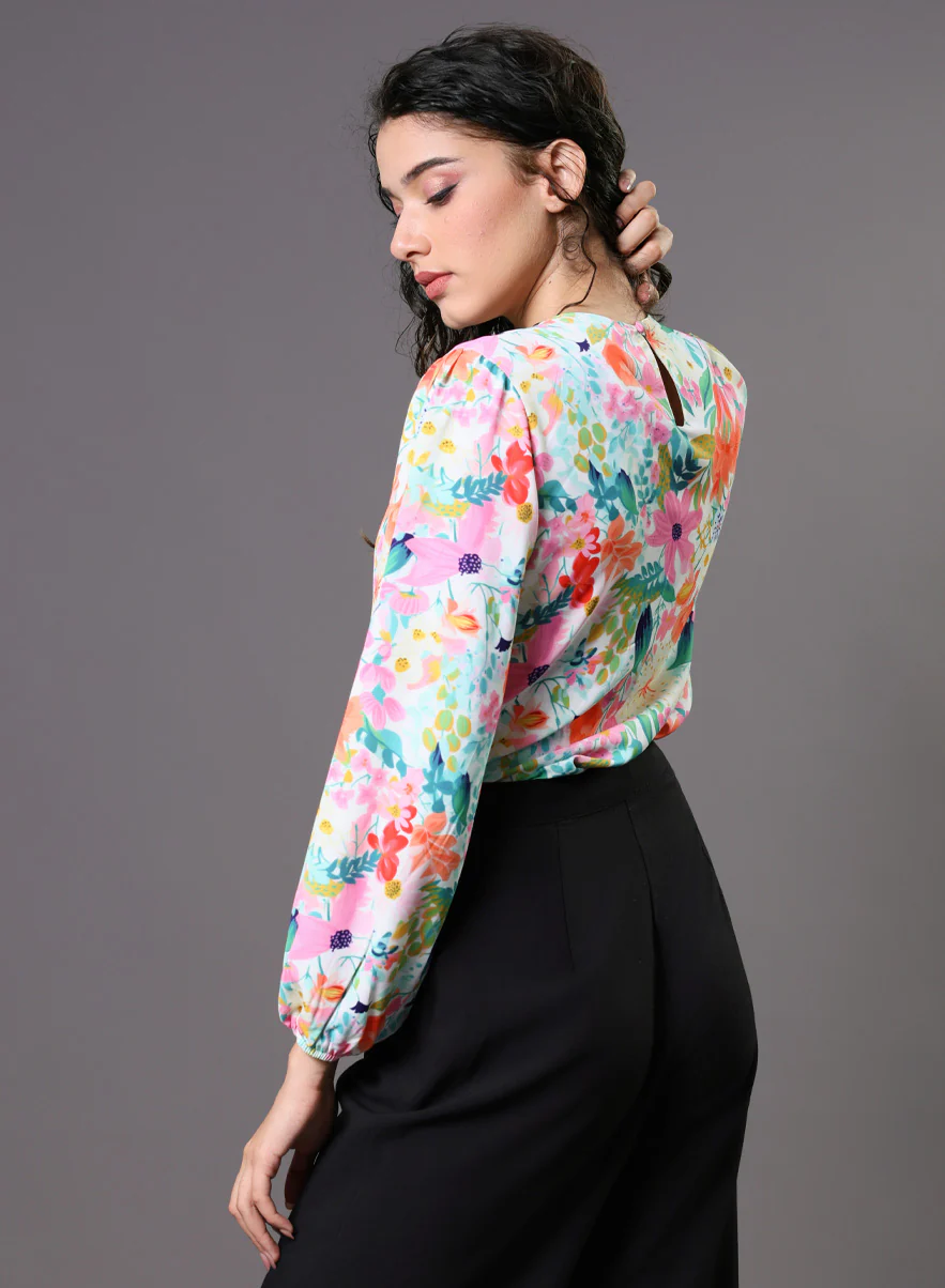 Multi Color Floral Elastic Sleeve Top - Image 5