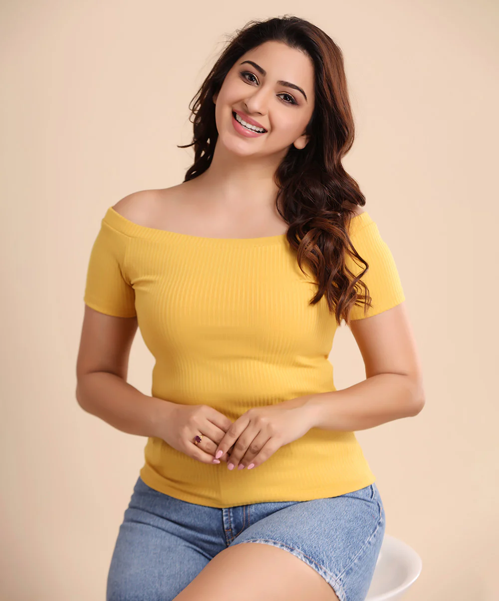 Mustard Off Shoulder Rib Tshirt