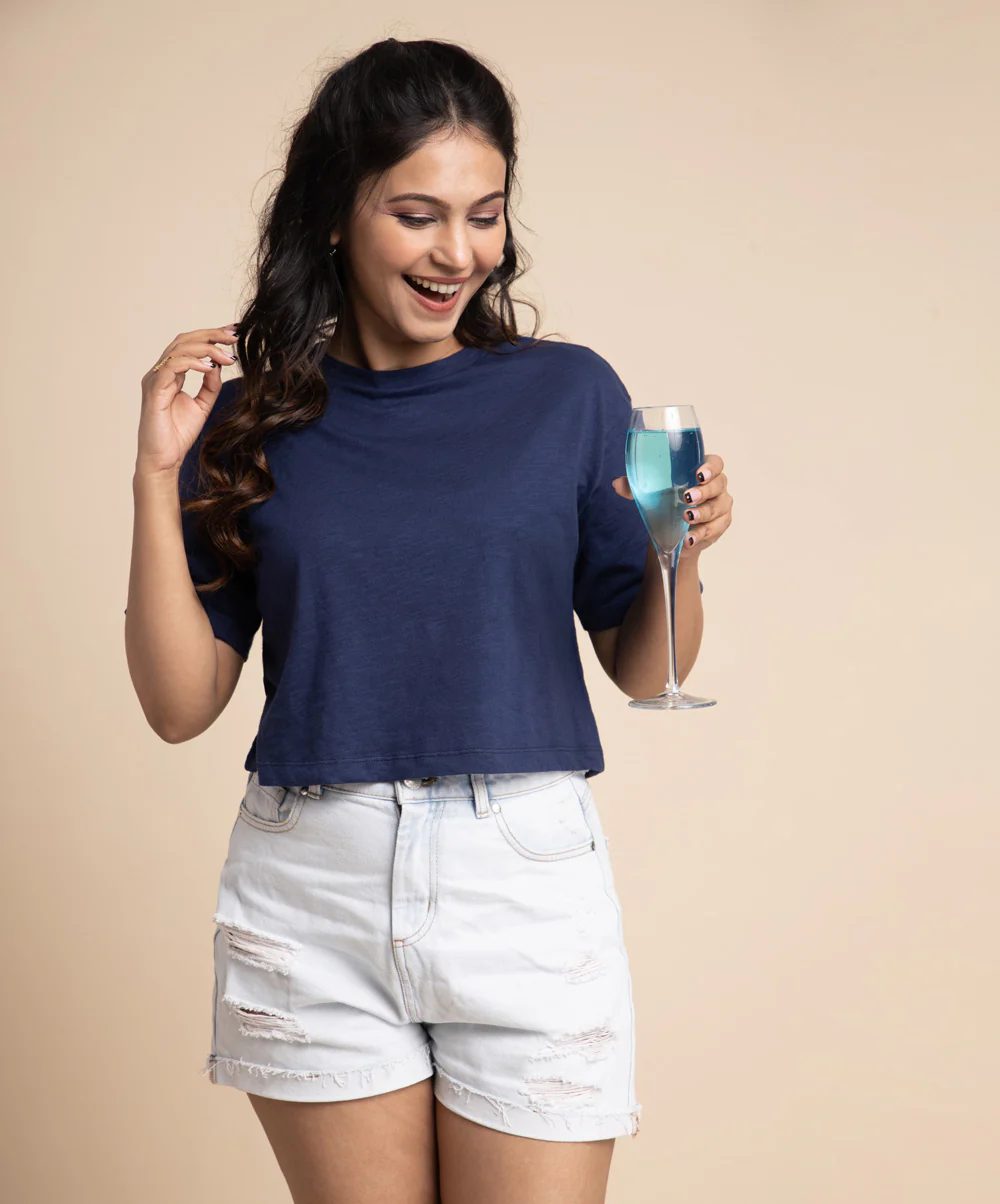 Navy Loose Fitted Crop Tshirt