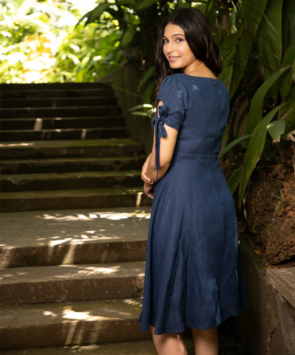 Blue Square Neck Front Button Linen Dress - Image 2