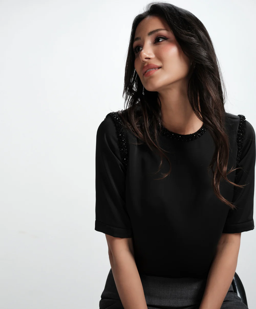 Neck And Arm Hole Beaded Chiffon Top-Black - Image 3