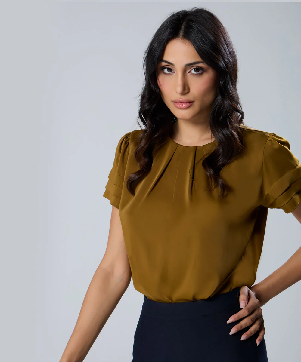 Neck And Sleeve Pleated Brown Top - Image 3