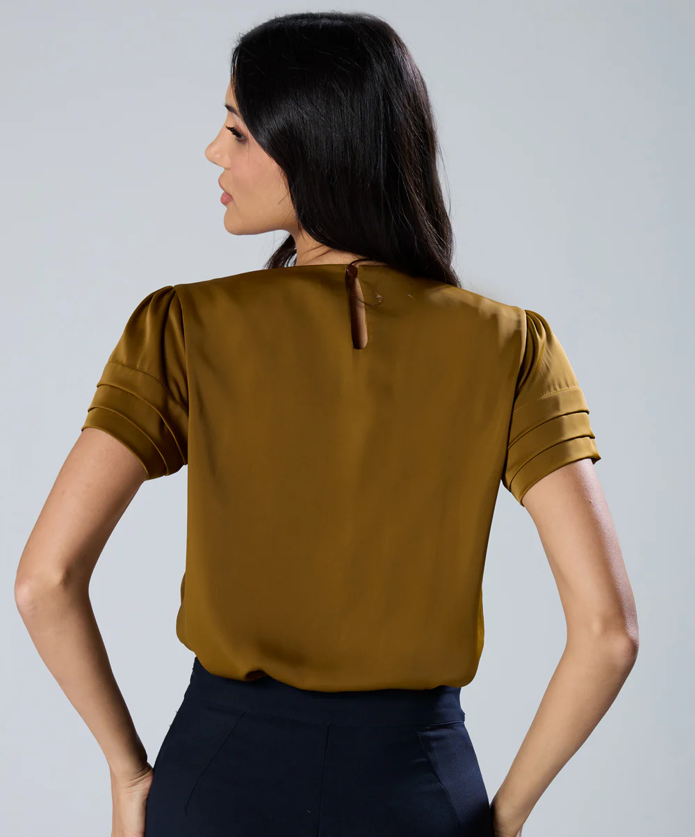 Neck And Sleeve Pleated Brown Top - Image 4