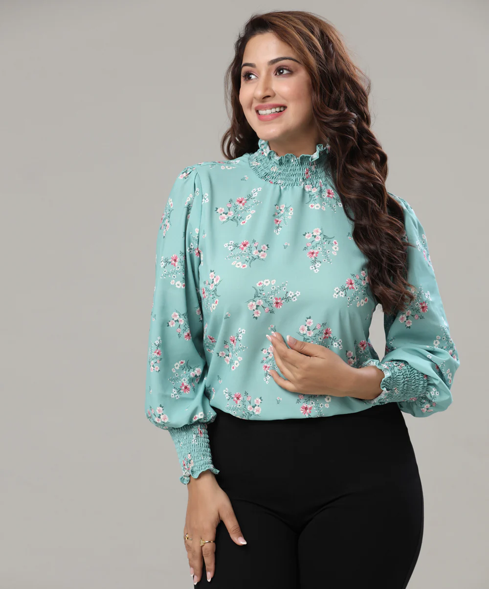 Neck And Sleeve Smocked Long Sleeve Top - Image 2