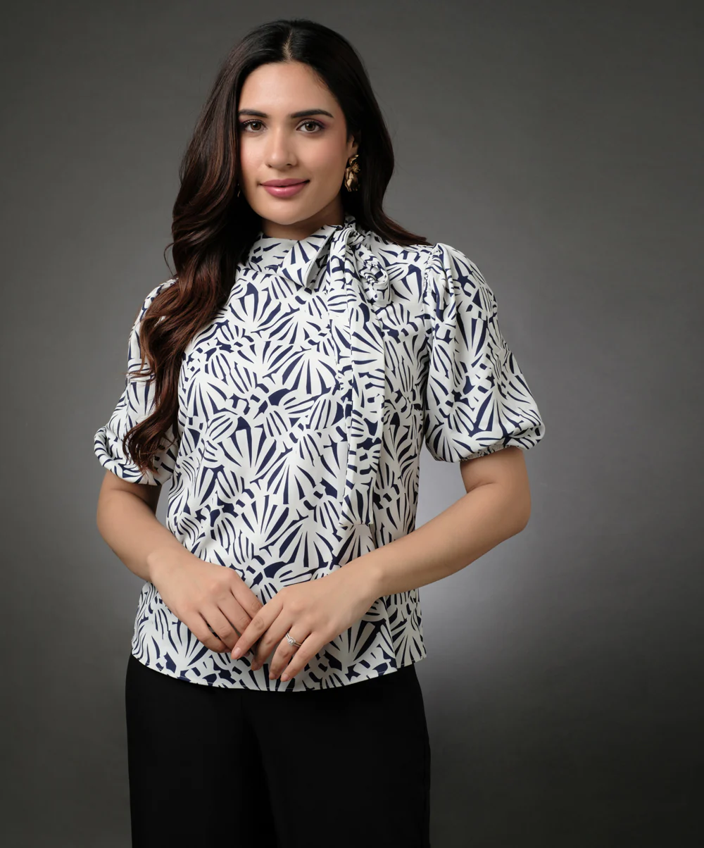 Neck Bow Tie Printed Half Sleeve Top - Image 3