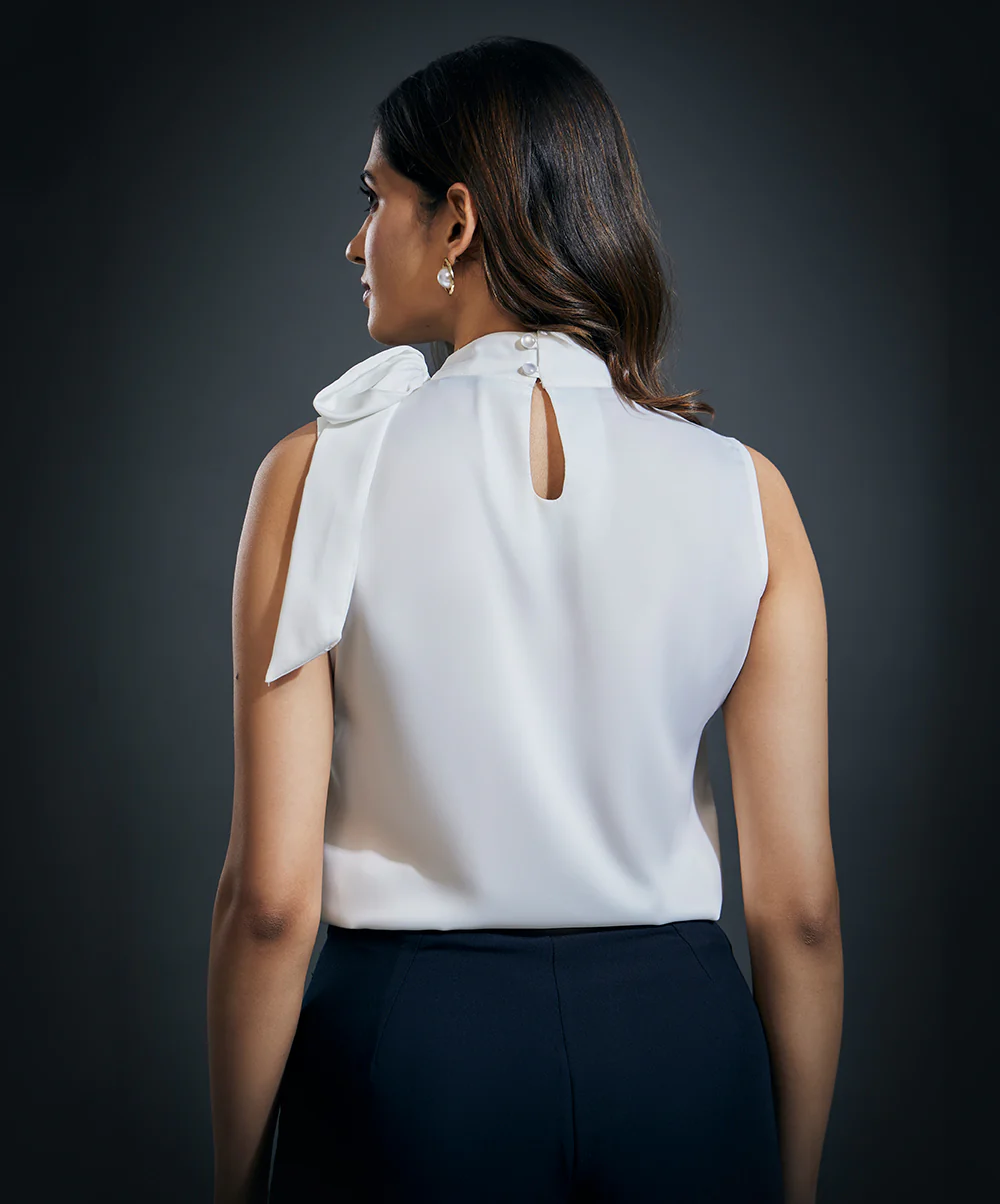Neck Bow Tie Sleeveless Top-White - Image 4