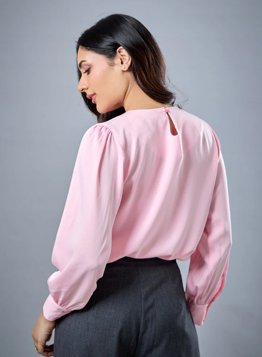 Neck Detailed Light Pink Chiffon Top - Image 3