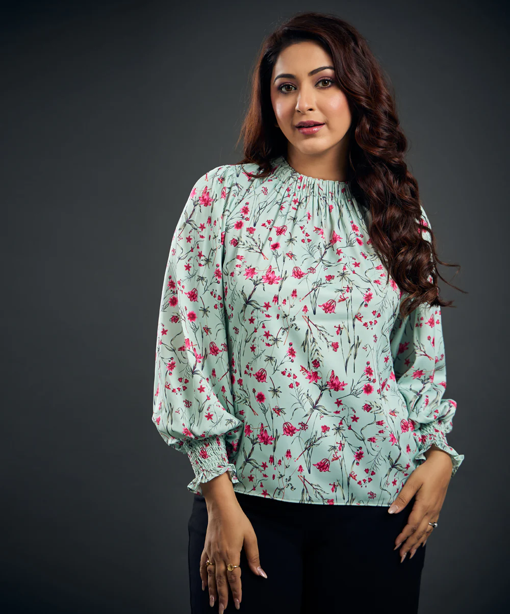 Neck Detailed Long Sleeve Printed Satin Smocked Top - Image 2