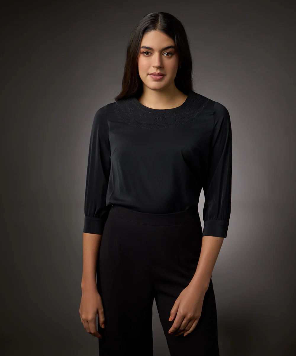 Neck Embroidered Half Sleeve Top-Black - Image 2