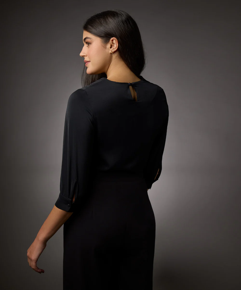 Neck Embroidered Half Sleeve Top-Black - Image 4