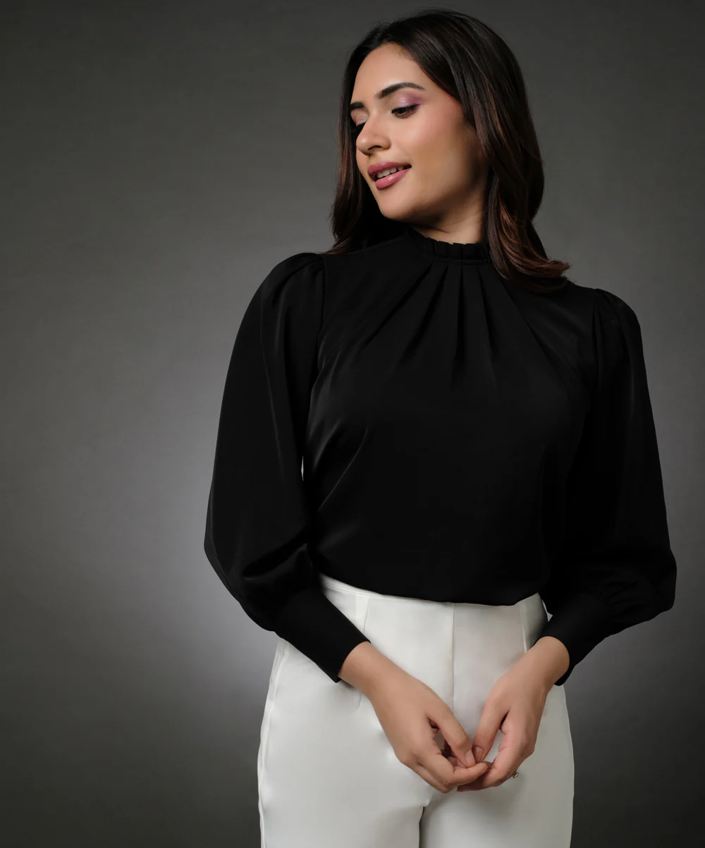 Neck Pleated Black Top With A Sleeve Cuff - Image 2