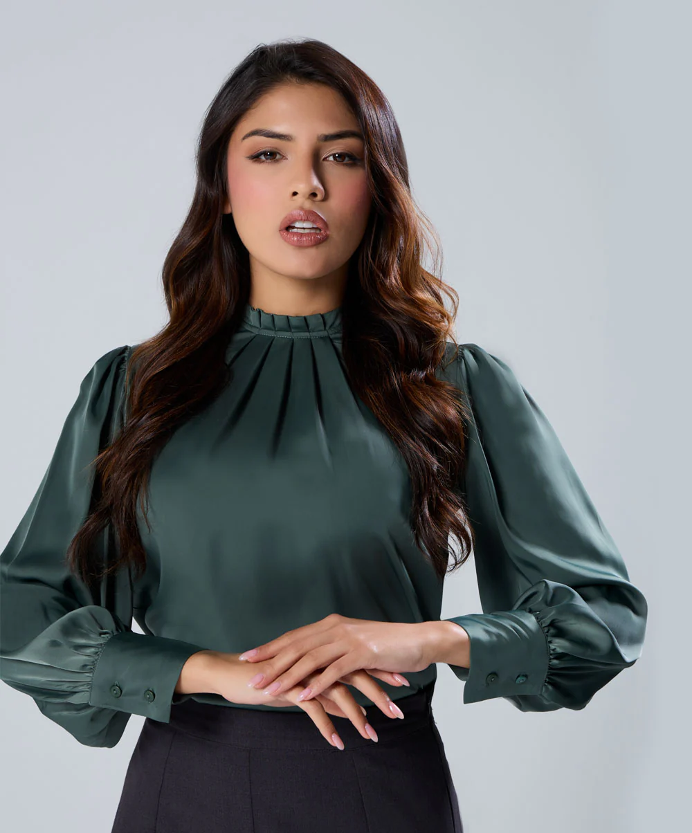Neck Pleated Long Sleeve Green Top - Image 2