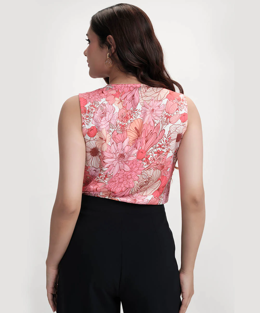 Neck Pleated Printed Pink Top - Image 5