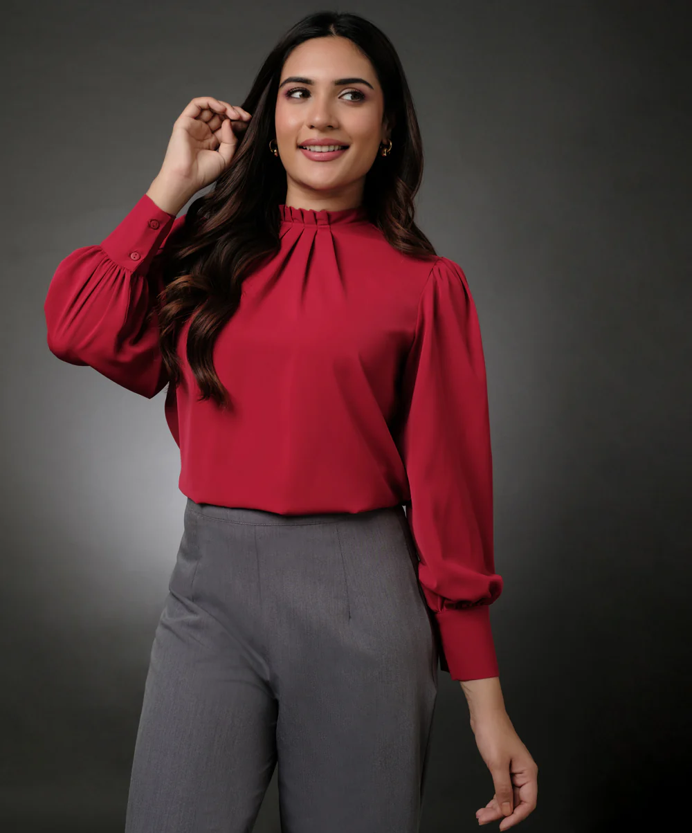 Neck Pleated Red Top With A Sleeve Cuff