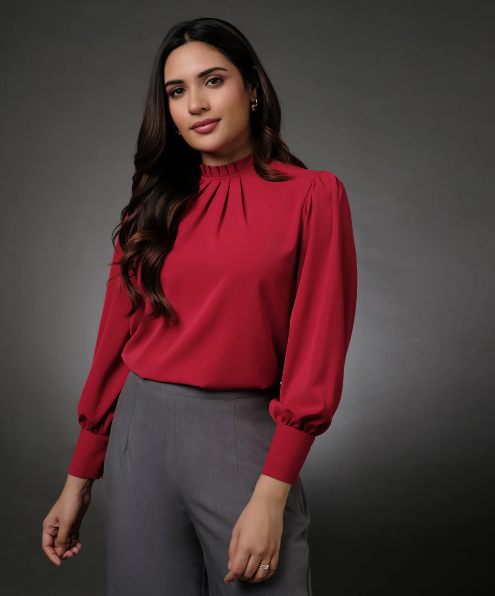 Neck Pleated Red Top With A Sleeve Cuff - Image 3