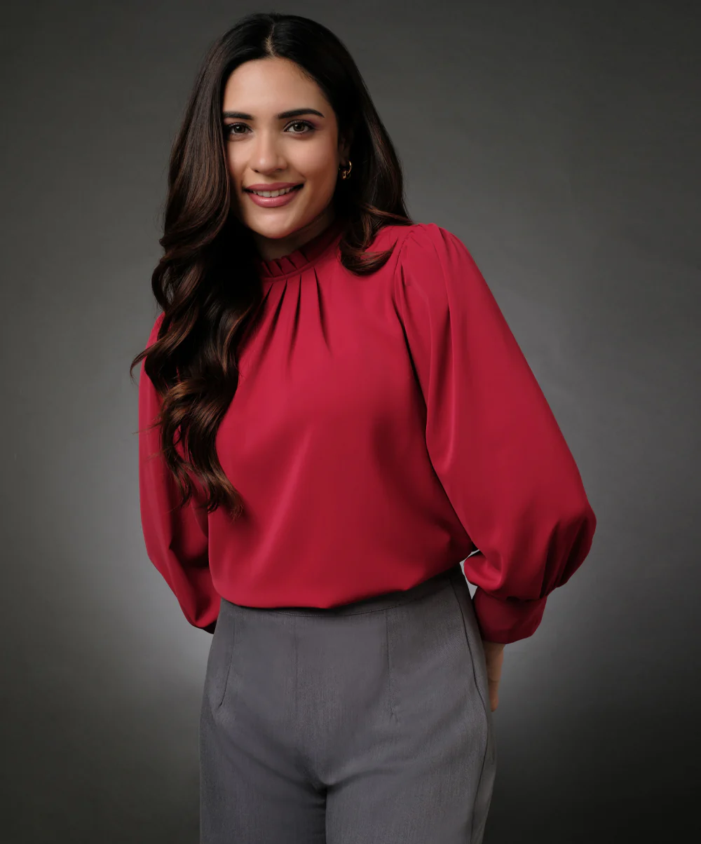 Neck Pleated Red Top With A Sleeve Cuff - Image 4