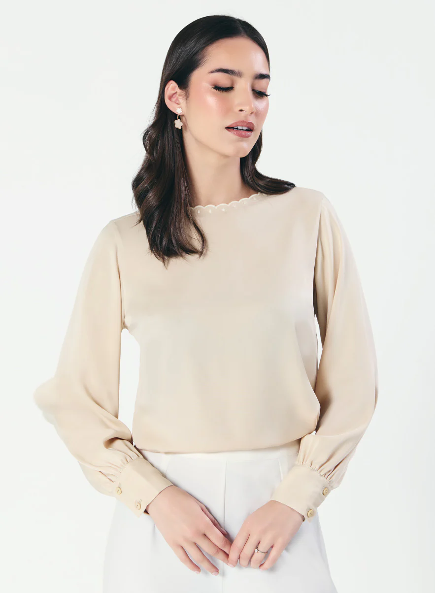 Neck Scalloped Long-Sleeve Light Beige Top - Image 5