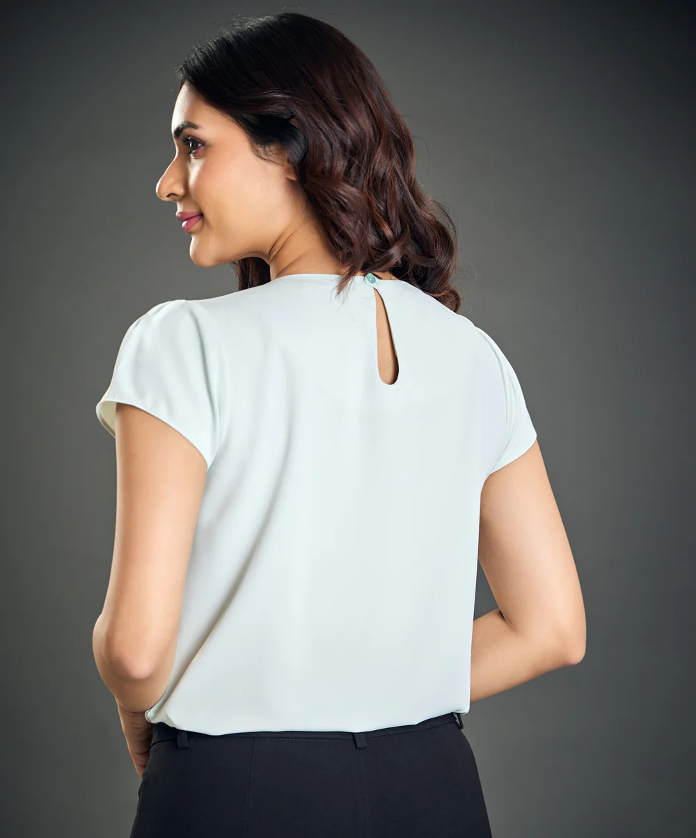 Neck Sharp Pleated Chiffon Mint Top - Image 3