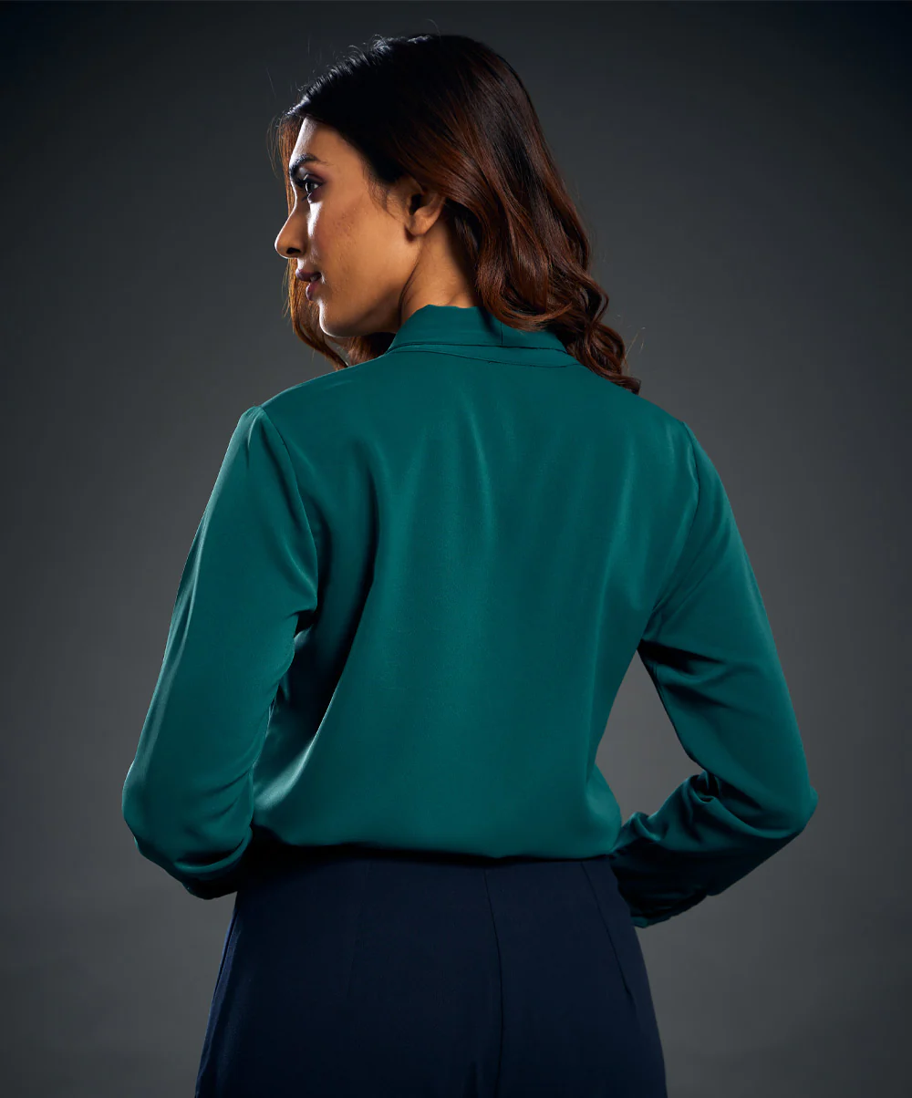 Neck Tie Chiffon Long Sleeve Top-Green - Image 3