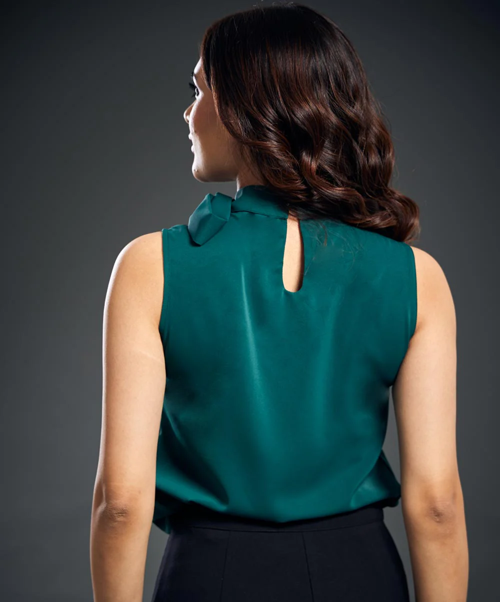 Neck Tie Chiffon Sleeveless Top-Green - Image 3