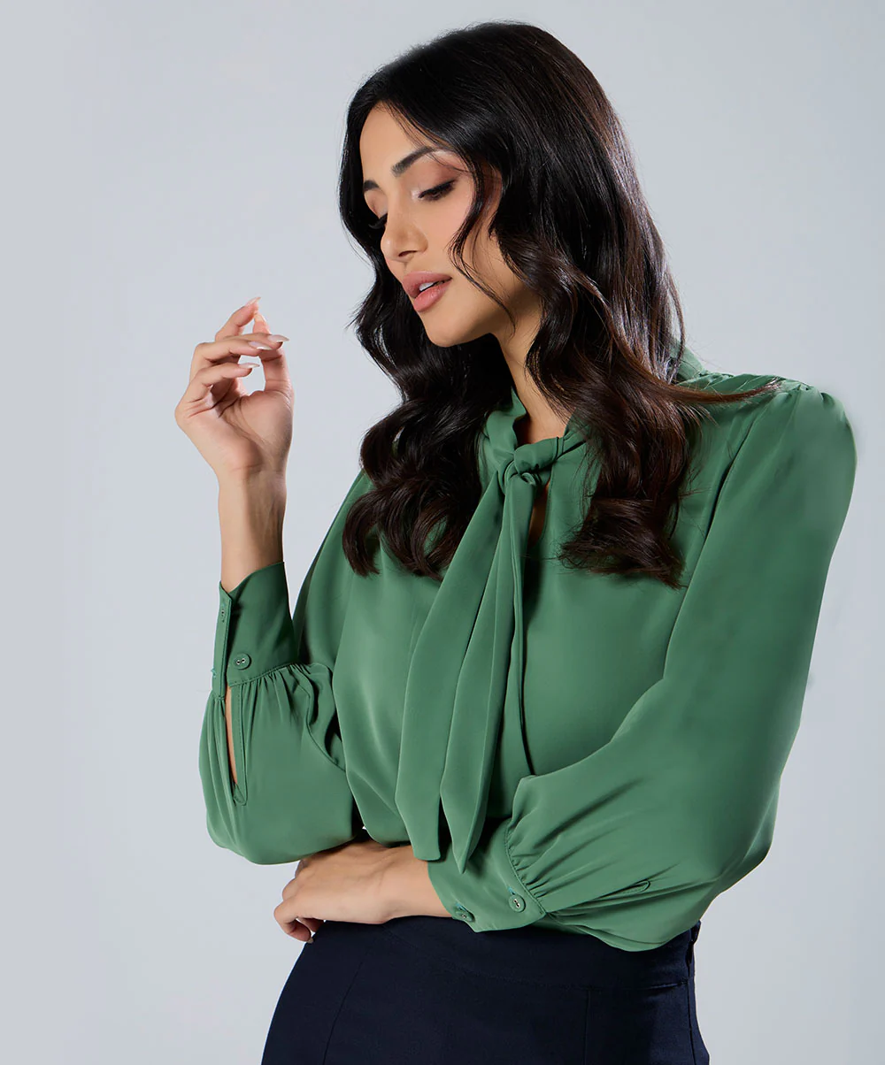 Neck Tie Chiffon Solid Green Top - Image 2