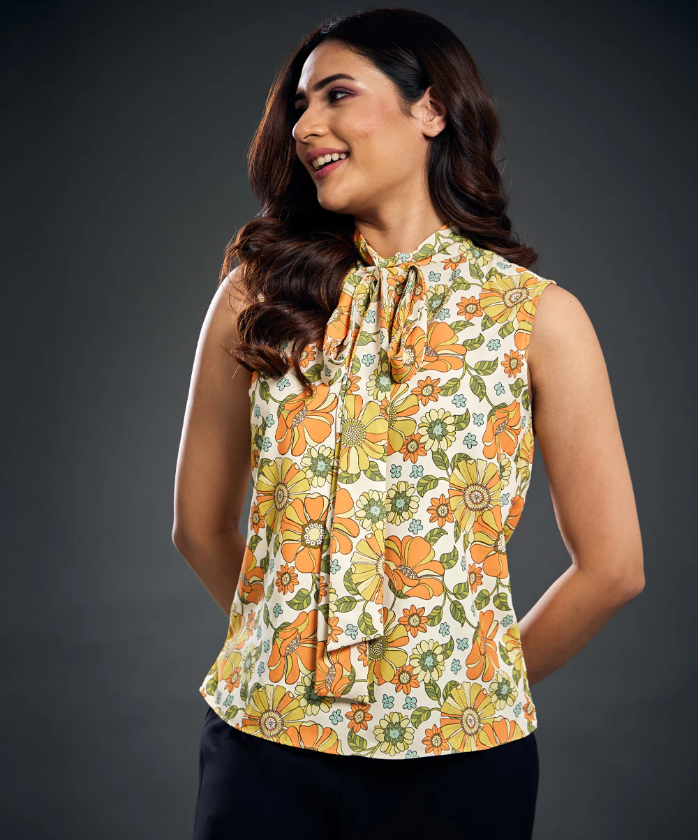 Neck Tie Floral Printed Short Sleeve Top