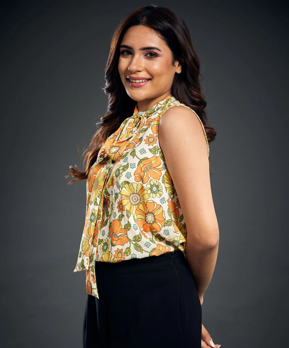 Neck Tie Floral Printed Short Sleeve Top - Image 4