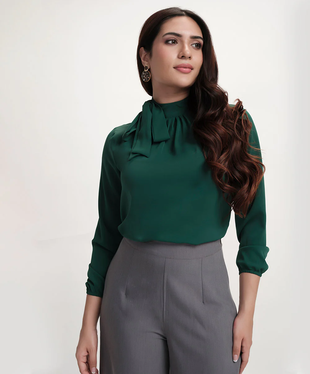 Neck Tie Long Sleeve Green Chiffon Top - Image 2