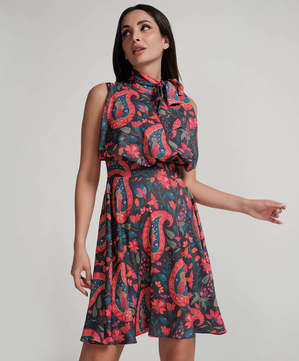 Neck Tie Printed Sleeveles Short Dress