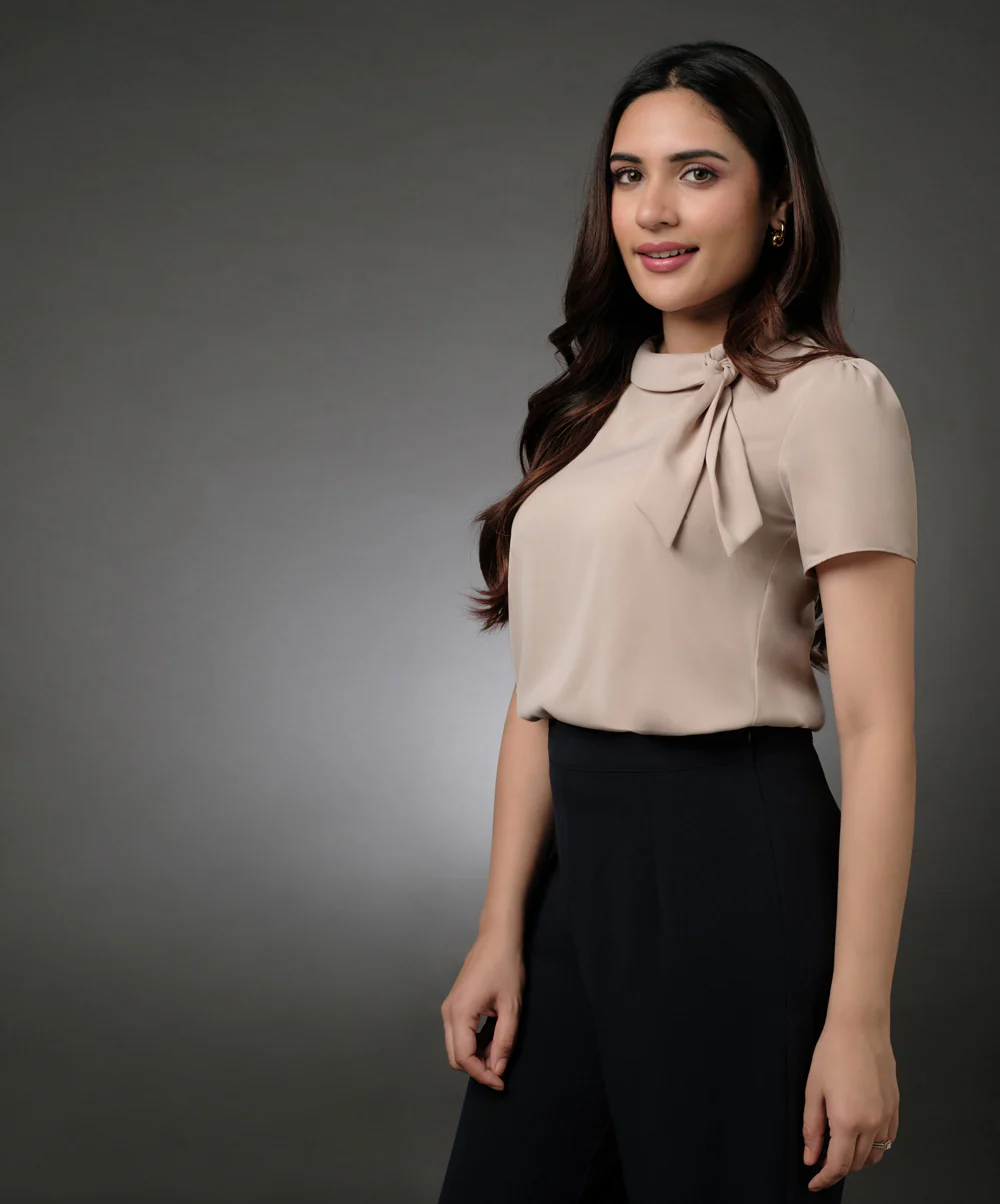 Neck Tie Short Sleeve Grey Top - Image 2