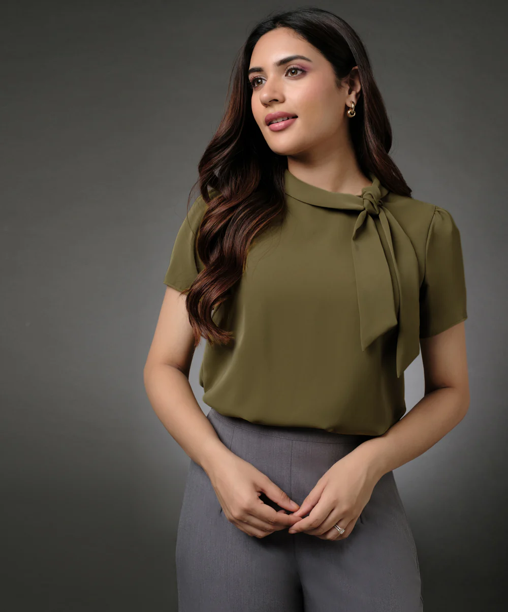 Neck Tie Short Sleeve Olive Top - Image 2