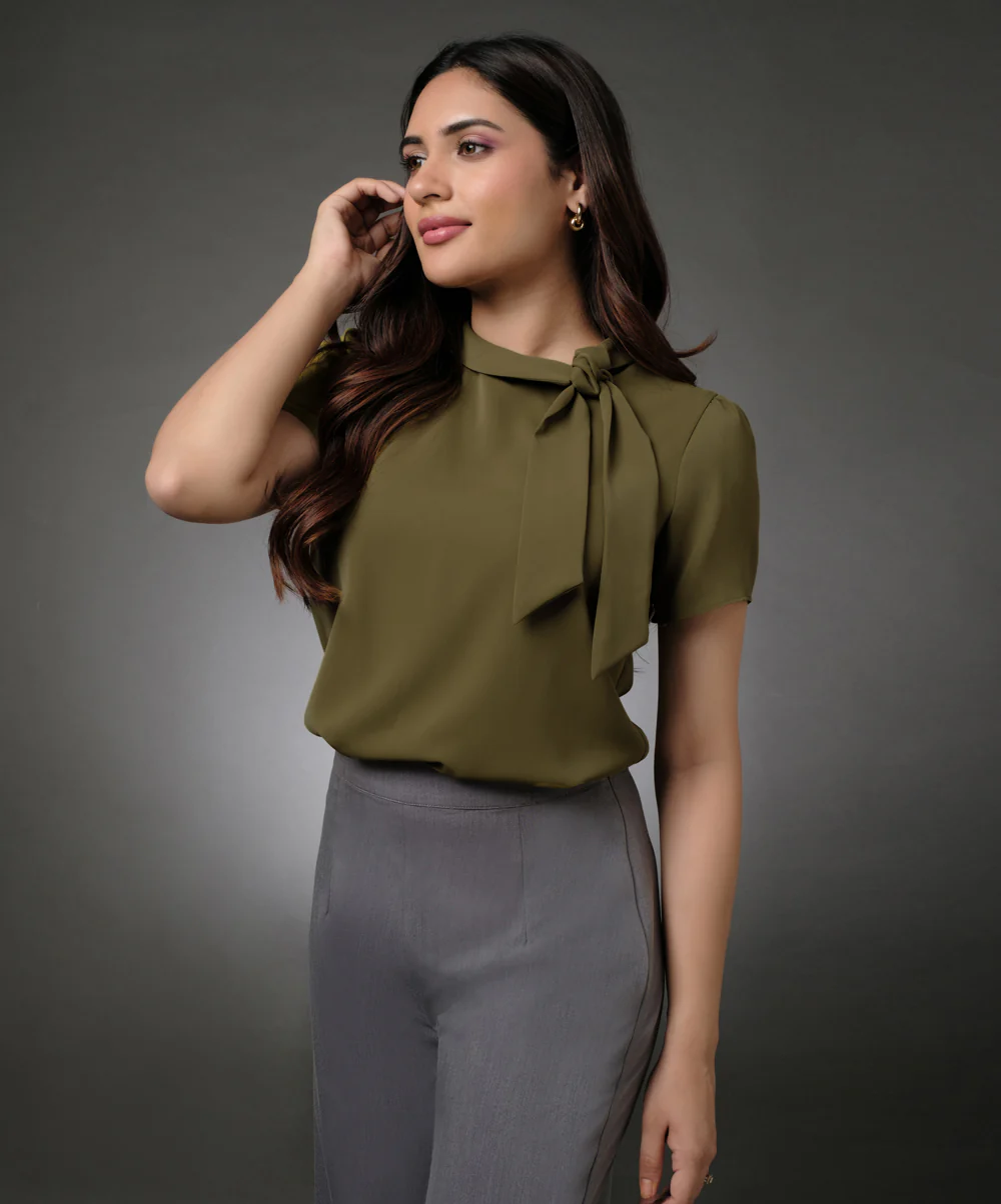 Neck Tie Short Sleeve Olive Top - Image 3